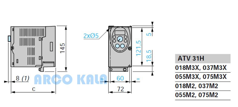 ابعاد اینورتر اشنایدر 1.5KW مدل ATV31HU15M2