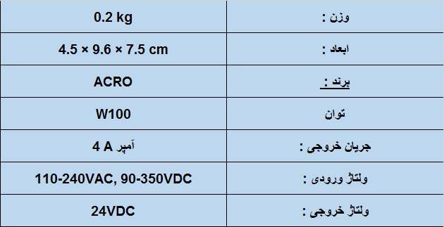 جدول مشخصات فنی منبع تغذیه 24 ولت 1 آمپر آکرو مدل AD1024-24F