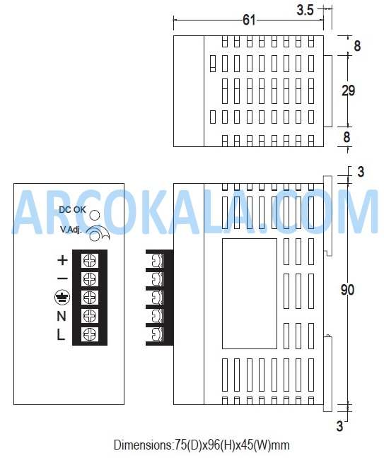 ابعاد منبع تغذیه آکرو AD1048-24FS