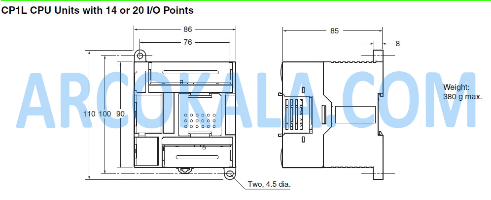ابعاد پی ال سی مدل OMRON PLC CP1L-J14DT1-D