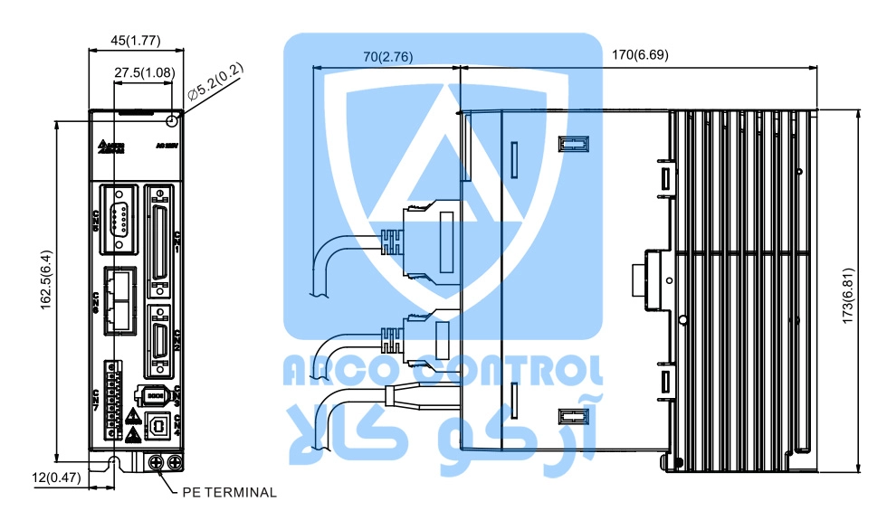ابعاد درایو دلتا برای توان های 400-200-100 وات