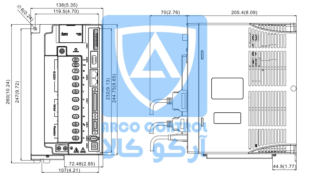 ابعاد درایو دلتا برای توان 7.5 کیلووات سری A2