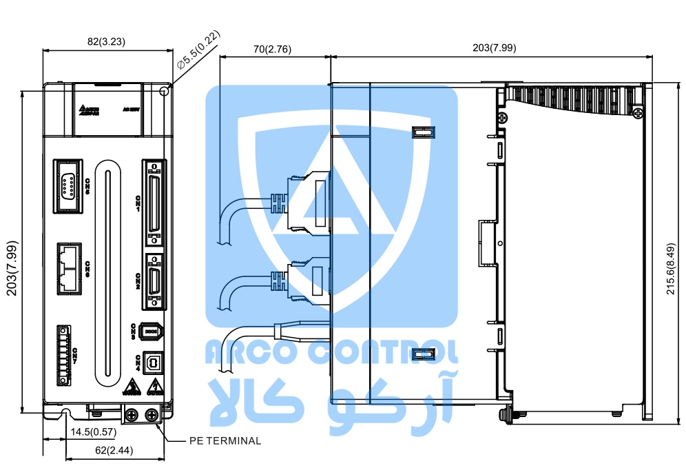 ابعاد درایو دلتا برای توان 3 کیووات سری A2