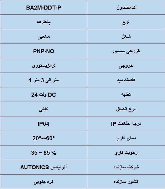 جدول مشخصات فنی سنسور نوری آتونیکس Autonics BA2M-DDT-P