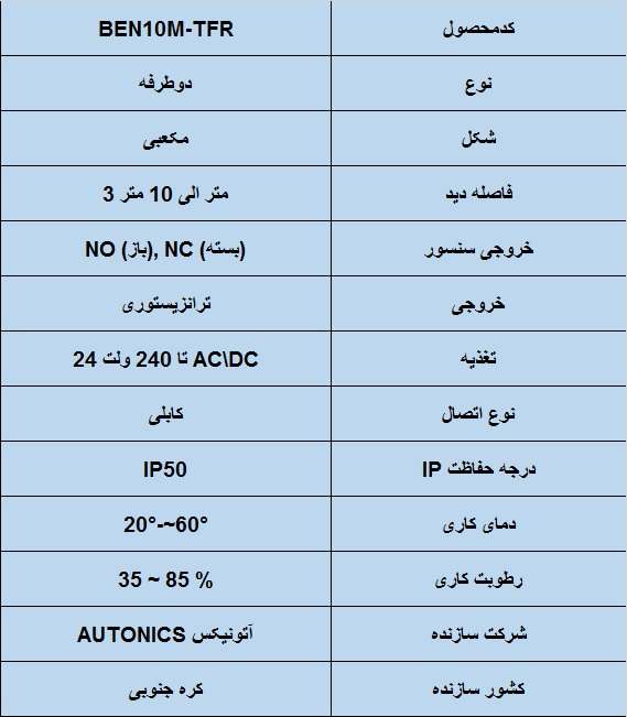 جدول مشخصات فنی سنسور نوری آتونیکس Autonics BEN10M-TFR