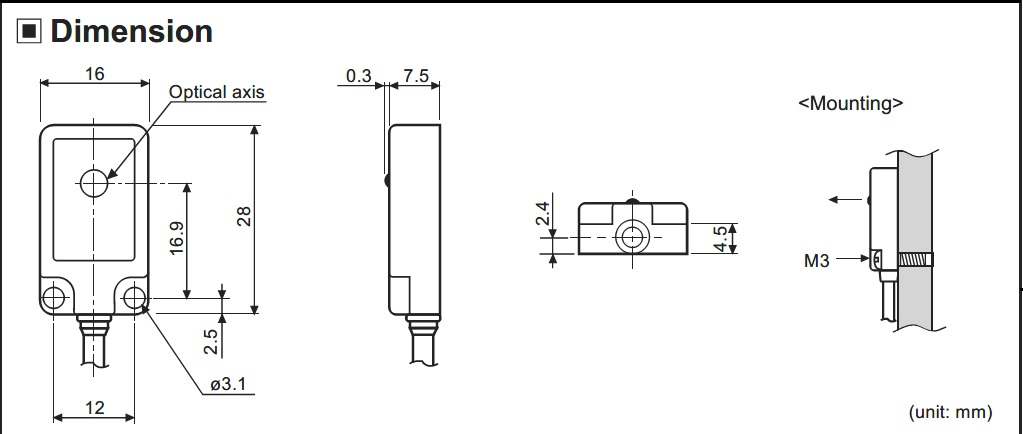 ابعاد سنسور نوری آتونیکس Autonics BPS3M-TDT-P