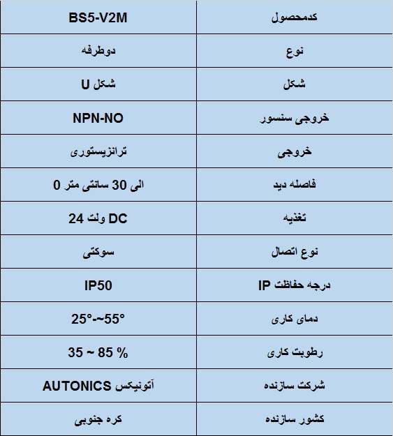 جدول مشخصات فنی سنسور نوری آتونیکس Autonics BS5-V2M