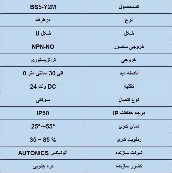 جدول مشخصات فنی سنسور نوری آتونیکس Autonics BS5-Y2M