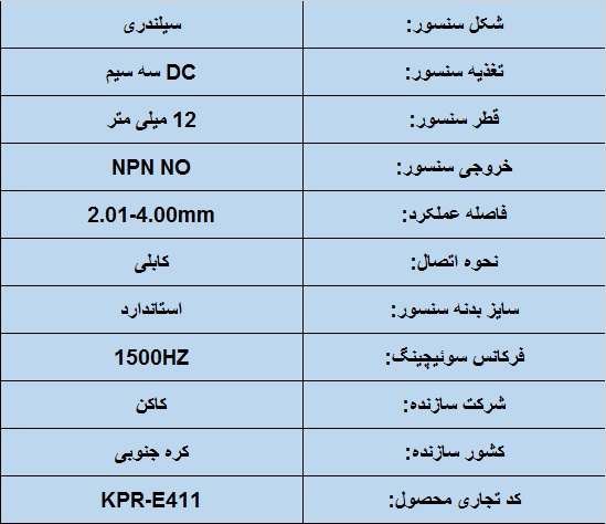 جدول مشخصات فنی سنسور القایی کاکن KPR-E411