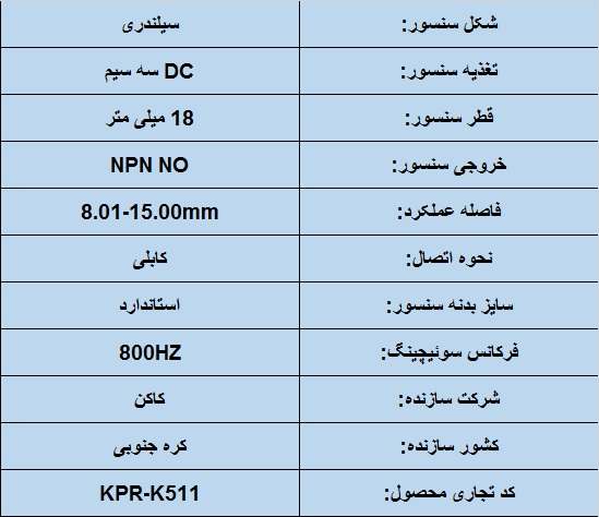 جدول مشخصات فنی سنسور القایی کاکن KPR-K511