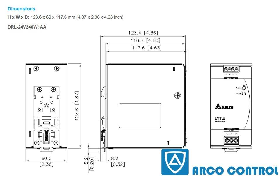 ابعاد منبع تغذیه دلتا مدل DRL-24V240W1AA