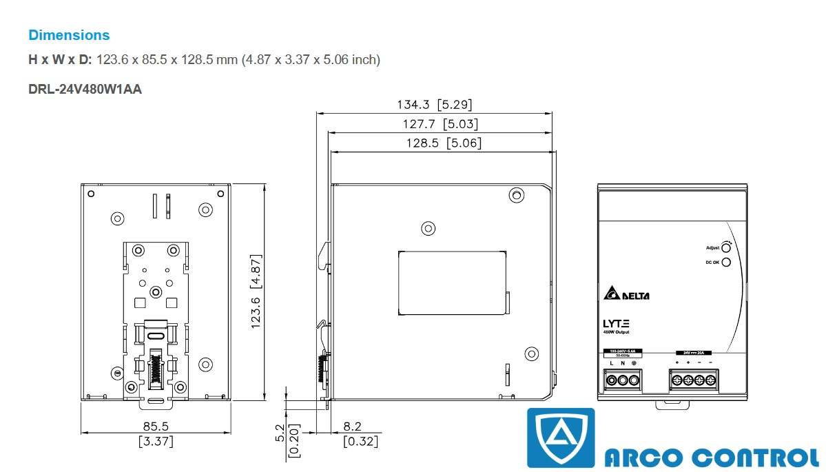 ابعاد منبع تغذیه دلتا مدل DRL-24V480W1AA