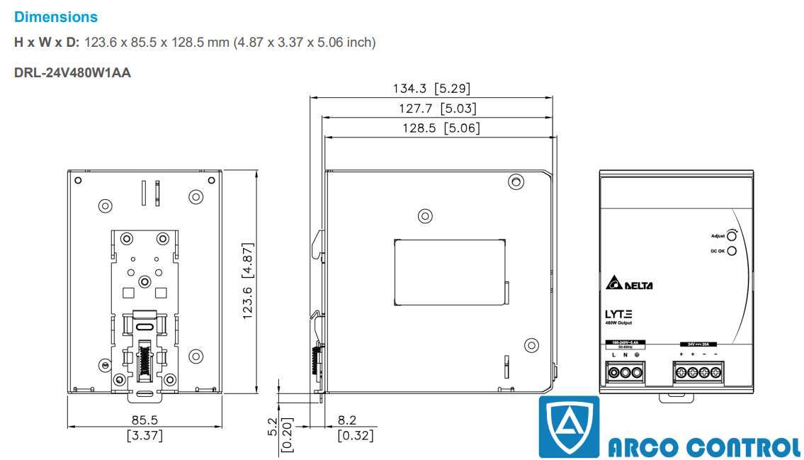 ابعاد منبع تغذیه دلتا مدل DRL-48V480W1AS