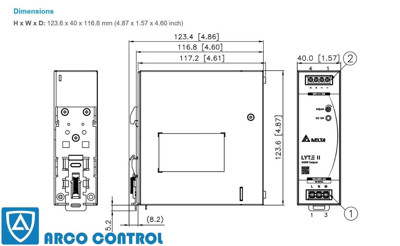 ابعاد منبع تغذیه 24 ولت DELTA مدل DRL-24V240W1EN