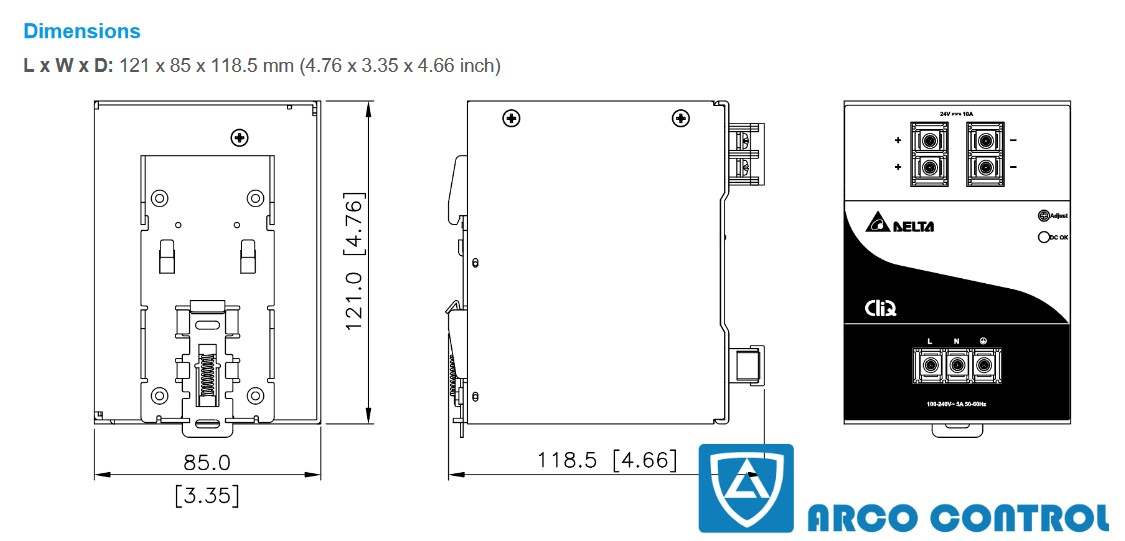 ابعاد منبع تغذیه دلتا مدل DRP024V240W1AA