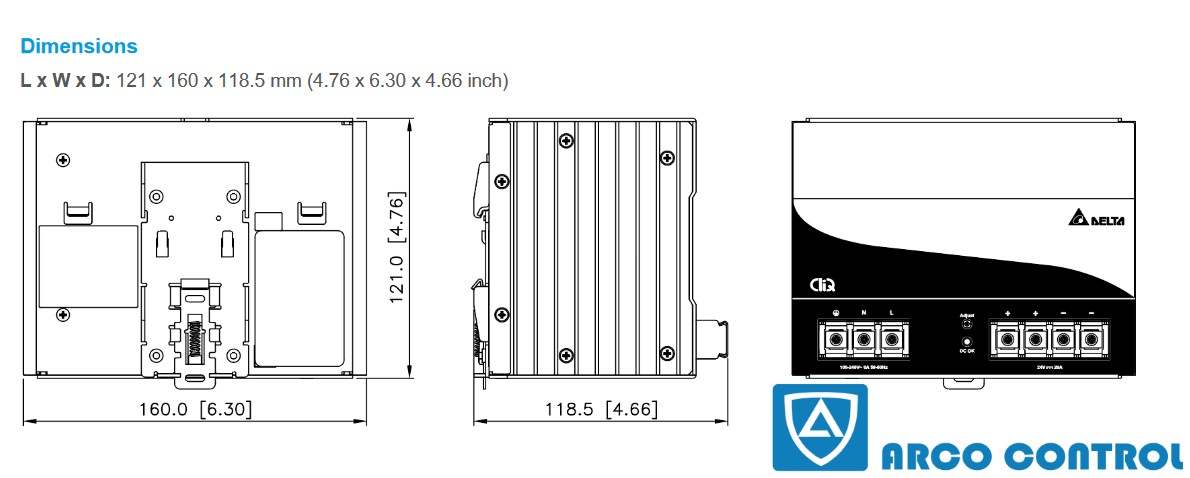 ابعاد منبع تغذیه دلتا مدل DRP024V480W1AA