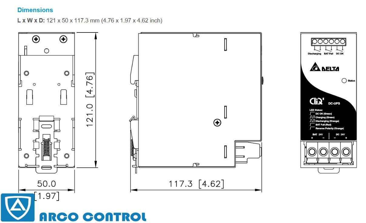 ابعاد منبع تغذیه دلتا مدل DRU-24V40ABN