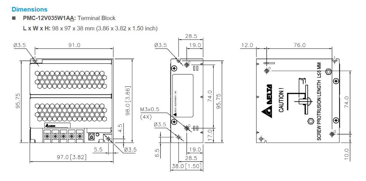 ابعاد منبع تغذیه دلتا مدل PMC-12V035W1AA