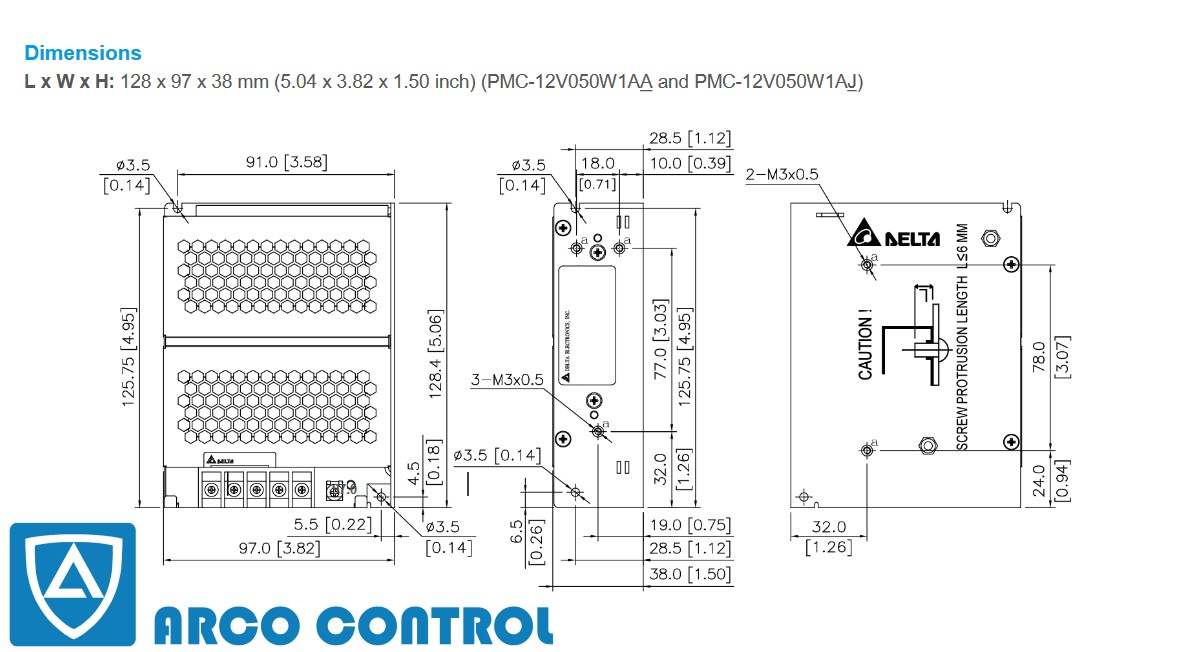 ابعاد منبع تغذیه دلتا مدل PMC-12V050W1AA
