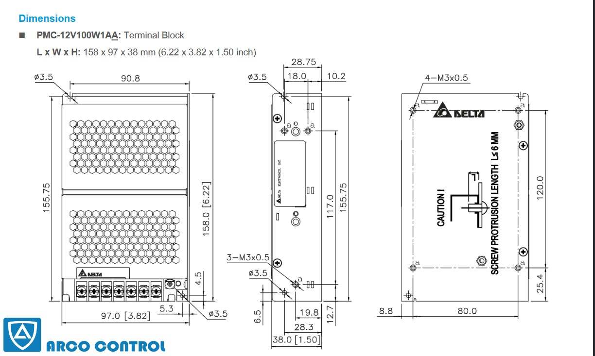 ابعاد منبع تغذیه دلتا مدل PMC-12V100W1AA