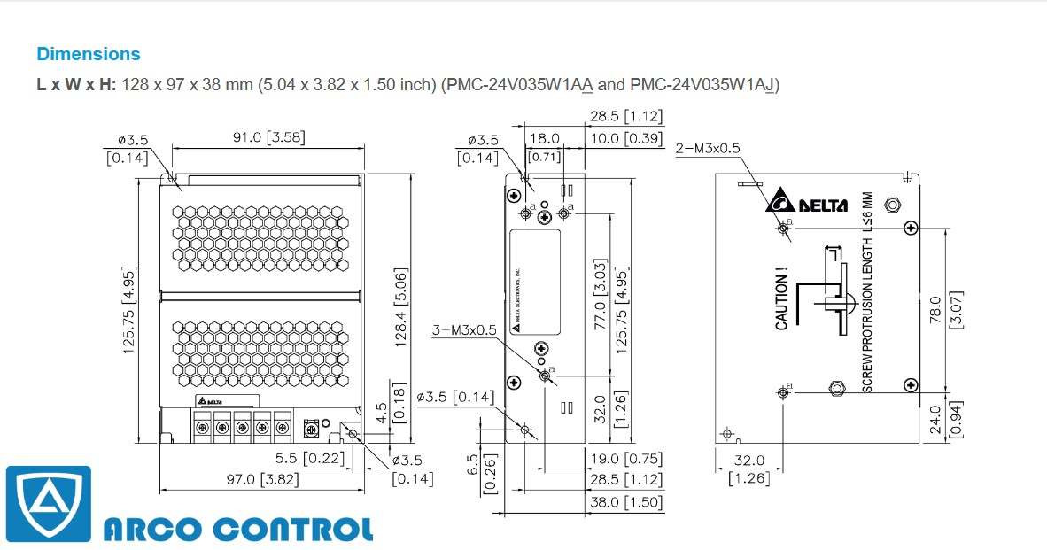 ابعاد منبع تغذیه دلتا مدل PMC-24V035W1AA