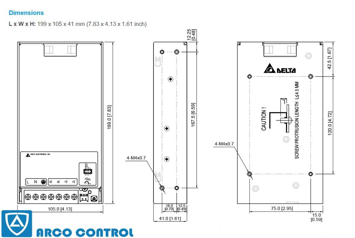ابعاد منبع تغذیه دلتا مدل PMC-24V300W1BA