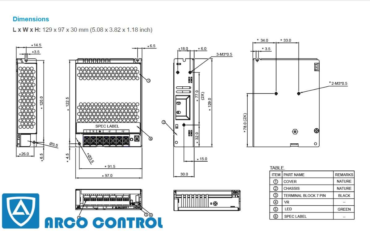 ابعاد منبع تغذیه دلتا مدل PMT-24V100W2BA