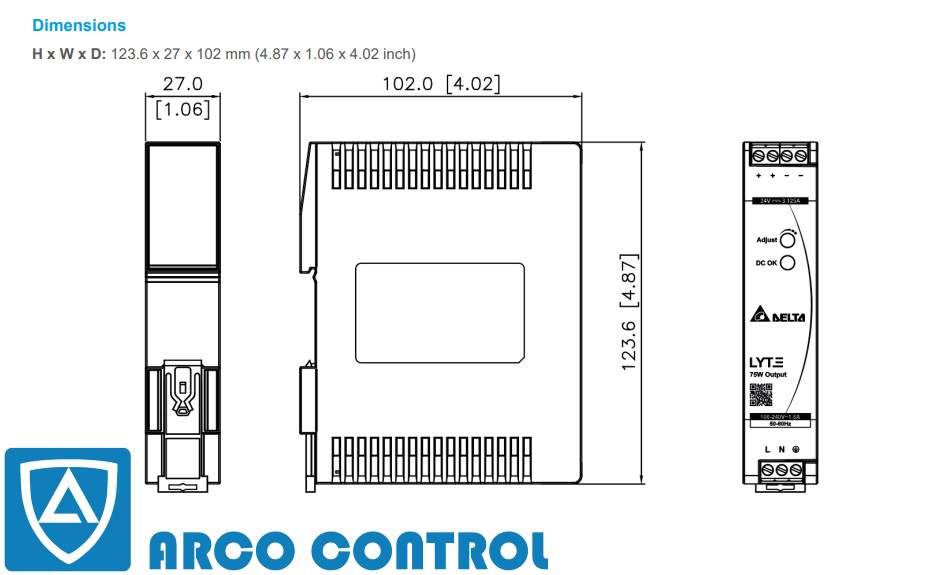 ابعاد منبع تغذیه 48 ولت دلتا مدل DRL-48V75W1AZ