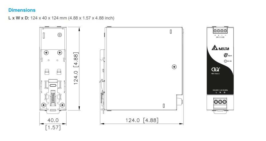 ابعاد منبع تغذیه دلتا مدل DRP-24V100W1NN