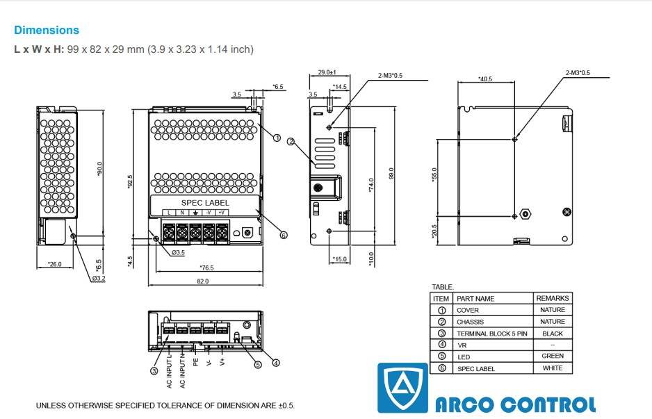 ابعاد منبع تغذیه دلتا مدل PMT-24V50W2BA: